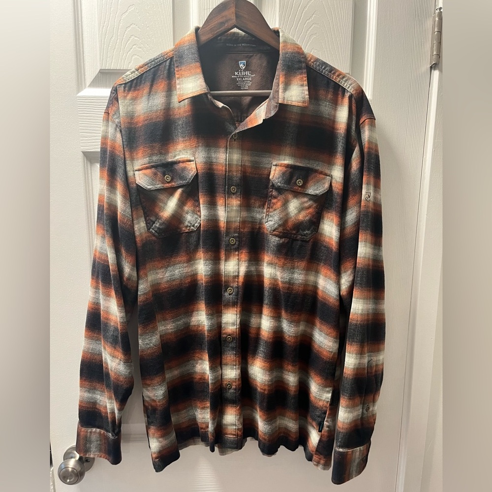 Mens Kuhl ”Dillingr” brown plaid Flannel shirt XXL.